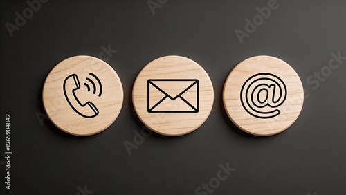 Three wooden buttons with phone mail and email icons on dark background for contact communication design business support customer service helpdesk and digital marketing concepts