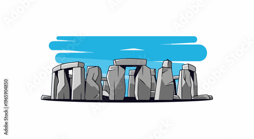 Stylized illustration of an ancient stone monument under a bright blue sky