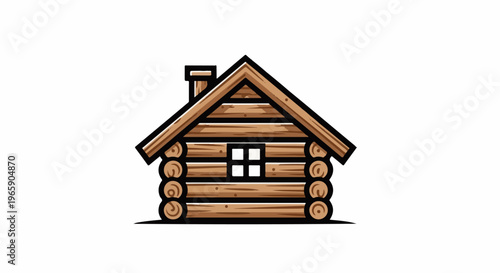 Stylized log cabin with a pitched roof and a chimney