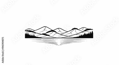 Stylized monochrome mountain range with trees and reflected water