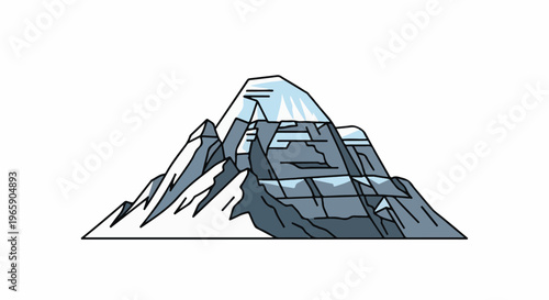 Stylized mountain range with snow-capped peaks, rocky slopes, and outlines