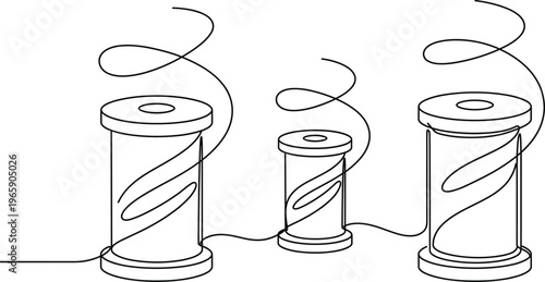 Minimalist continuous line art of sewing thread spools, tailor craft equipment illustration, embroidery fashion design tool silhouette, textile industry hobby concept