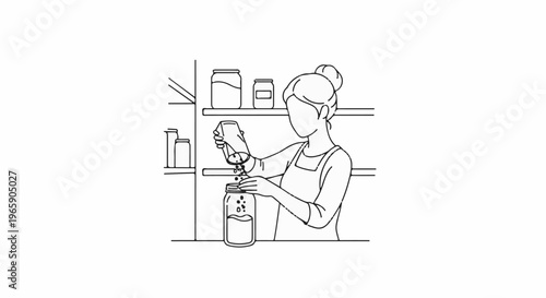 Woman adding contents from shaker to jar on shelf