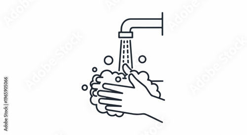 Line art of hands being washed with soap and water from a faucet