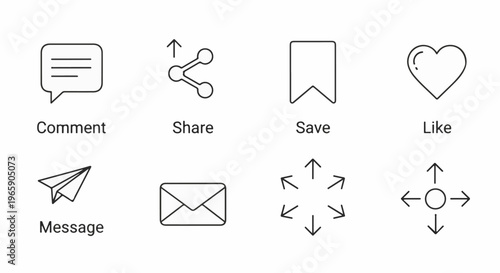 Collection of social media interaction icons chat, share, bookmark, heart, paper plane, envelope, expand