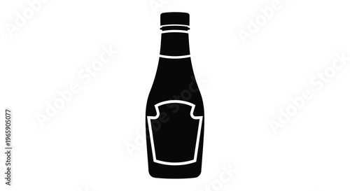 A black silhouette of a classic ketchup bottle with a white label