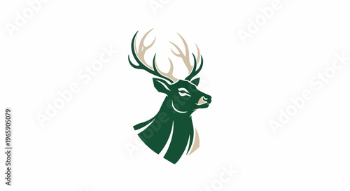 Majestic deer head with large antlers, silhouetted in green and tan