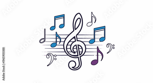 Colorful musical notes and clefs scattered on a white background