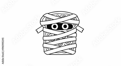 Cartoon mummy with wide eyes and bandages, black and white line art