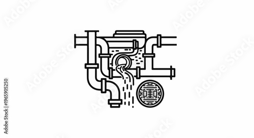 Detailed illustration of plumbing pipes and a circular grate with water flowing