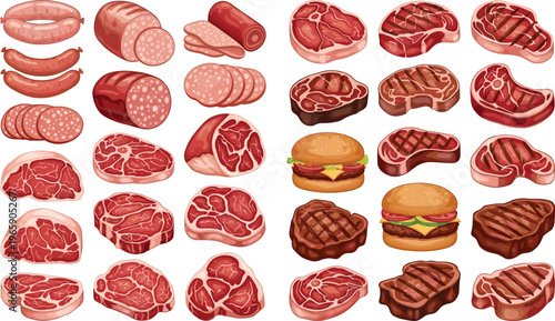 Collection of Different Meat Cuts Including Sausages, Beef Steaks, and Burgers, in a Colorful Cartoon Style