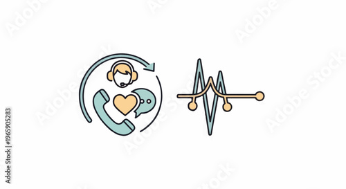 Customer service icons support, heart, chat bubble, and ECG line