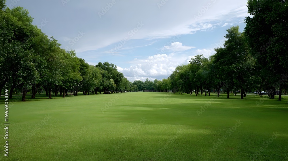 Fototapeta premium Expansive green park lawn with rows of trees under a partly cloudy sky on a sunny day