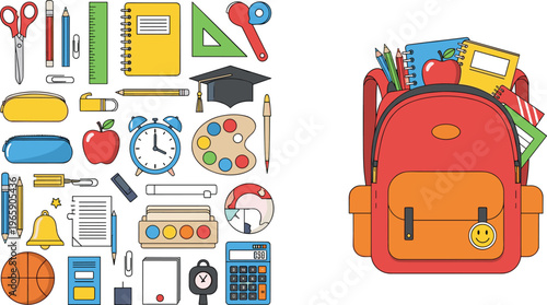 School Supplies Including Notebooks, Pens, Scissors, and a Backpack Filled with Stationery, Books, and Art Supplies in a Cartoon Style
