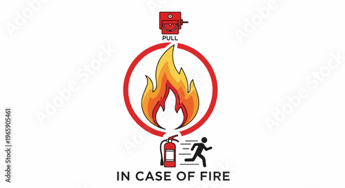 Fire safety symbols with flame, extinguisher, running person, and text