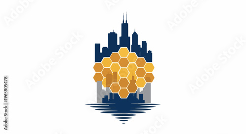 Geometric honeycomb structure overlays a city skyline reflected in water