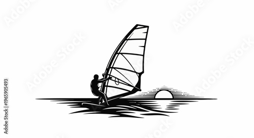 Silhouette of windsurfer on waves with sunrise over ocean