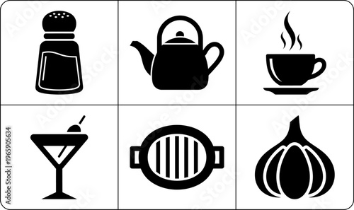 Six black kitchen icons with salt shaker kettle steaming coffee martini glass grill and onion on white background