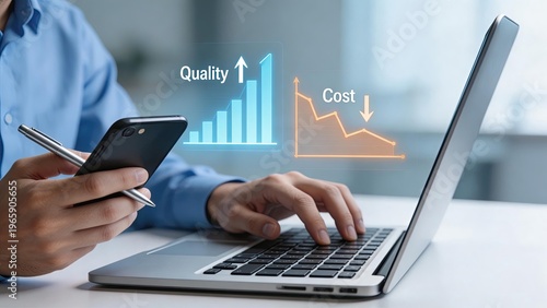 Businessman analyzing financial data on laptop with smartphone holographic charts showing quality increase and cost decrease corporate office setting digital transformation