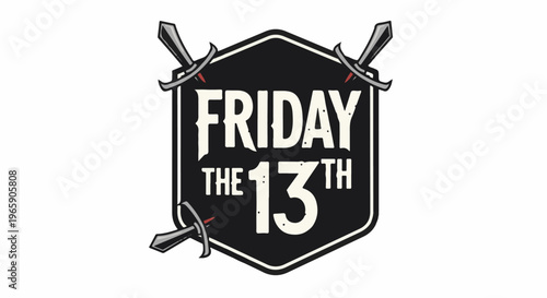 Hexagonal emblem with "FRIDAY THE 13TH" text and three crossed daggers