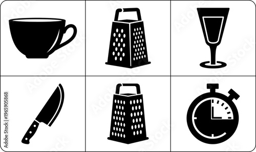 Six black kitchen and time symbols with coffee cup cheese grater wine glass knife and stopwatch on white background