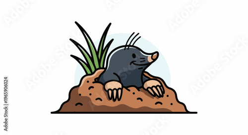 Cute cartoon mole peeking out of a dirt mound