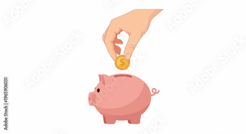 Hand depositing coin into pink piggy bank
