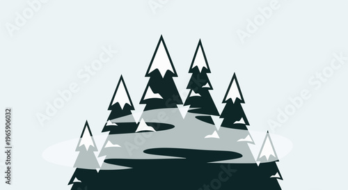 Minimalist winter forest with snow-capped evergreen trees