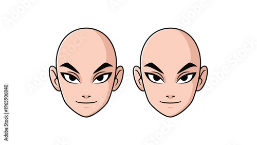 Two identical stylized cartoon faces of a character with large dark eyes and no hair on a simple white background illustration.