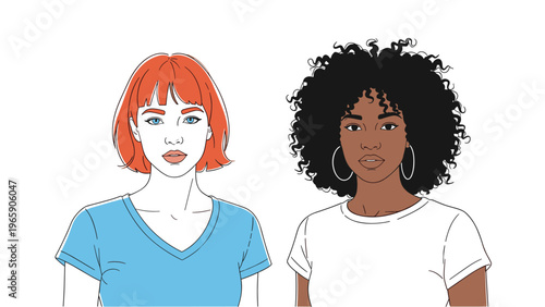 Two young women, one with red hair and one with dark curly hair, standing side by side in simple t-shirts on a white background.