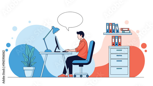 Flat design illustration of a man working at a computer in a modern office with shelves, plants, and a large speech bubble.