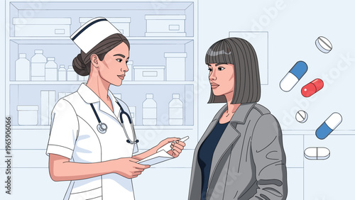Female nurse in white uniform talks to a patient in a grey coat in front of a pharmacy shelf with floating medicine capsules.