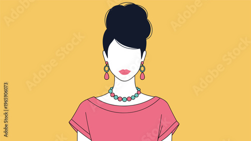 Minimalist illustration of a woman with her hair in a high bun wearing a pink top and necklace on a solid yellow background.