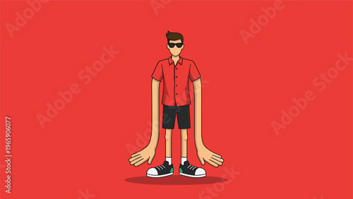 Funny cartoon illustration of a man with incredibly long arms wearing a red shirt and black shorts against a red background.
