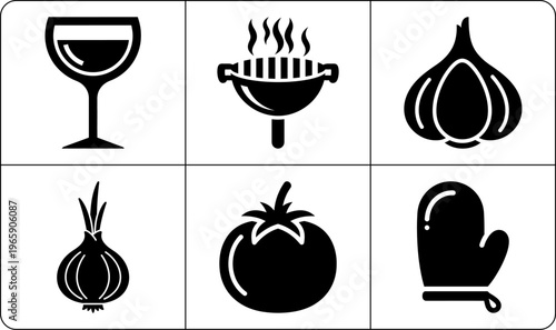 Six black cooking symbols with wine glass barbecue grill garlic bulb sprouted onion tomato and oven mitt on white background