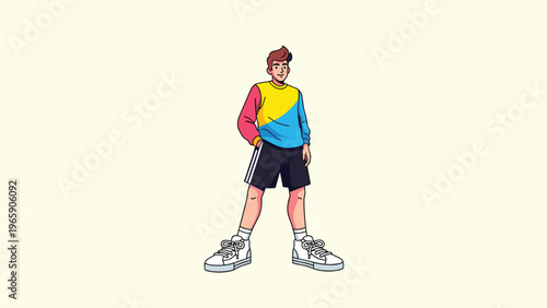 Modern illustration of a young man in a multi-colored sweatshirt and shorts standing confidently against an off-white background.