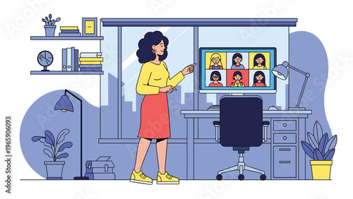Woman working in a home office is pointing at a computer screen showing multiple participants in a group video conference call.