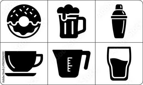 Six black beverage and treat silhouettes with donut beer mug cocktail shaker coffee cup measuring cup and drinking glass on white background