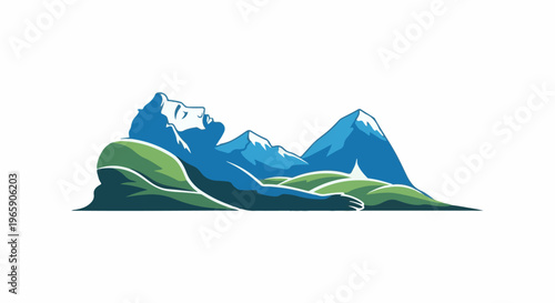 Person reclines on green hills against a mountain backdrop