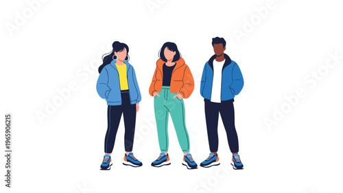 Three people standing together in a group wearing stylish warm winter jackets and joggers in blue and orange against a white background.