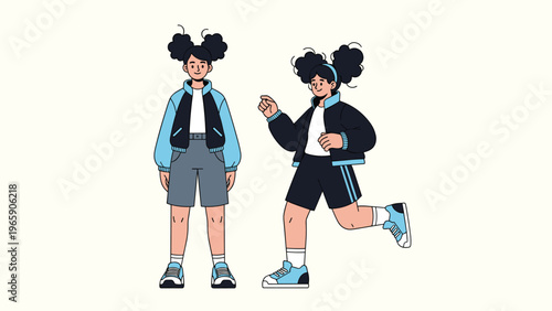 Two young women with their hair in high buns wearing blue and black jackets shown in standing and running poses against a light background.