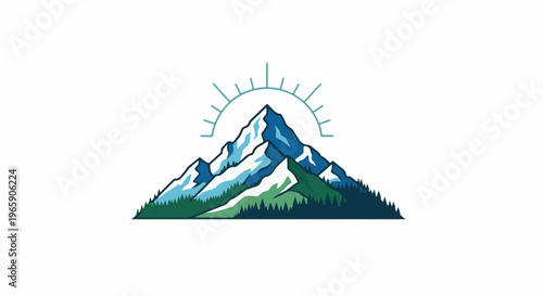 Stylized mountain range with coniferous trees and sunburst above