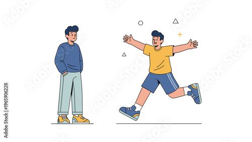 Contrast between two young men with one standing calmly in a blue sweater and the other running with excitement and open arms.