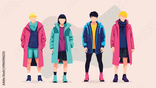Group of four diverse people standing together wearing long colorful coats and shorts in a modern fashion character design collection.