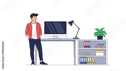 Young man in a red shirt and cap standing confidently next to a large office desk with a computer monitor and bookshelf in a clean room.