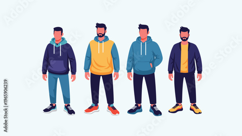 Four stylish men standing in a row wearing different combinations of colorful hoodies and jogger pants in a flat character design set.
