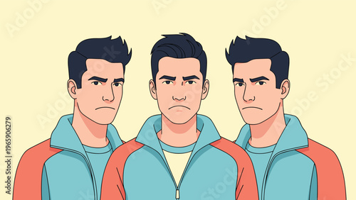 Group of three identical men with an angry or sad facial expression wearing teal and orange jackets in a row.