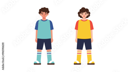 Two identical young boys standing side by side wearing blue and yellow athletic uniforms with matching high socks and shoes.