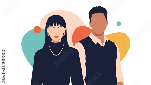 Stylized silhouette portraits of a woman with bangs and a man in a vest set against a background of colorful abstract shapes.