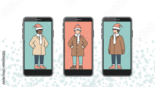 Graphic showing three men wearing winter coats, scarves, and Santa hats displayed on separate smartphone screens over a snowy background.